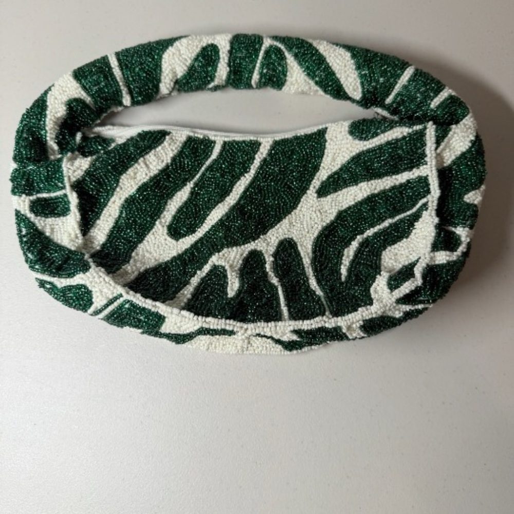 Green and White Beaded Clutch